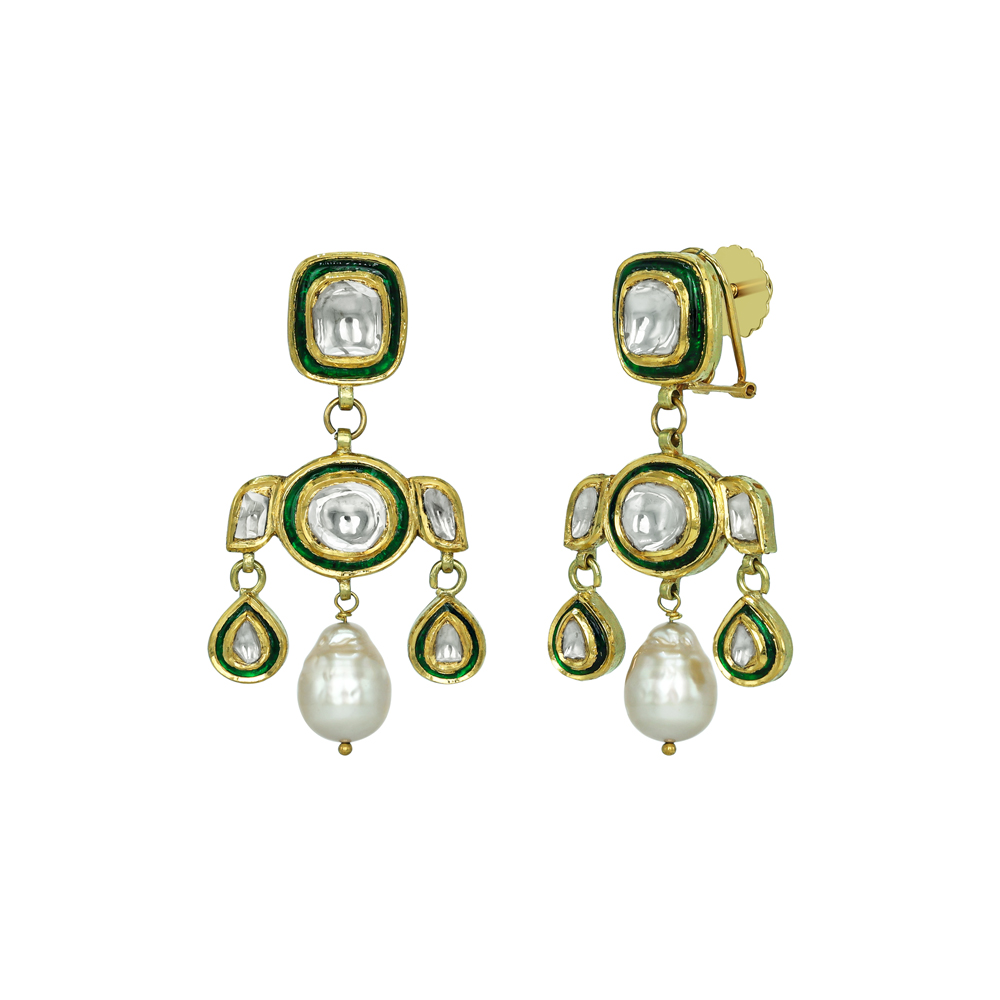 Polki Earrings with Green Enamel, Teardrops, and Pearl Drops